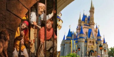 A split image shows animatronic pirates behind bars in Adventureland on the left and the colorful Cinderella Castle at Disney World on the right, both beneath a clear sky.