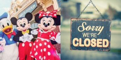 On the left, Disney characters Donald Duck, Mickey Mouse, and Minnie Mouse pose in front of a theme park. On the right, a window sign reads "Sorry We're Closed," hinting at Disney World ride closures expected in September 2025.