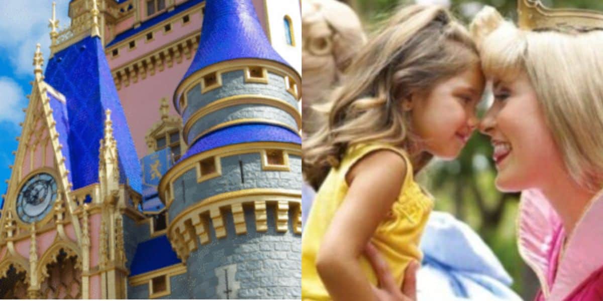 A split image: on the left, a close-up of a colorful Disney World castle with blue and gold details; on the right, a smiling woman dressed as a princess touching noses with a happy toddler girl.