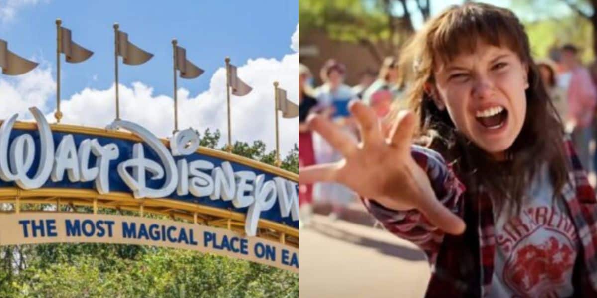 A split image features the iconic Walt Disney World entrance sign on the left and a girl channeling Stranger Things energy with an outstretched hand on the right, hinting at a thrilling Disney crossover.