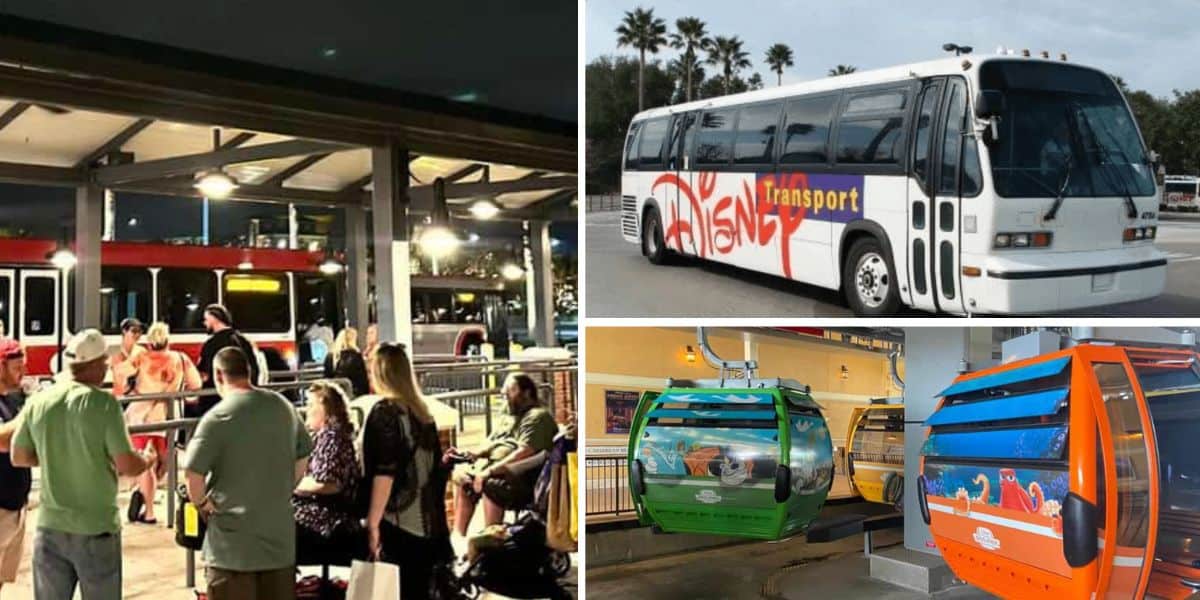 A collage shows a crowded bus stop at night, a white and blue Disney Transport bus, and two colorful Disney Skyliner gondolas at a station—highlighting the convenience of Disney transportation to help guests skip lines and travel with ease.
