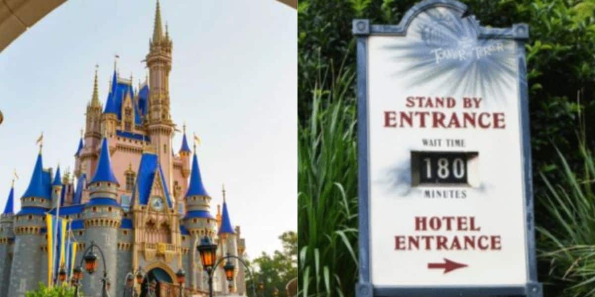 Split image: On the left, Cinderella’s Castle at Walt Disney World shines with blue and gold spires. On the right, a 180-minute Wait Times sign stands surrounded by greenery—a glimpse of the park’s magic and challenges in this 2025 Update.