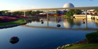 A view of Spaceship Earth and the Monorail tracks at EPCOT.