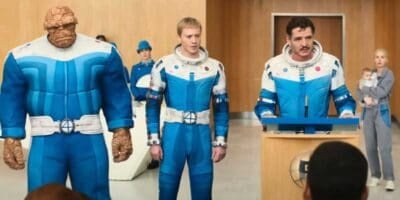 L-R: Ben Grimm (Ebon Moss-Bachrach), Johnny Storm (Joseph Quinn), and Reed Richards (Pedro Pascal)