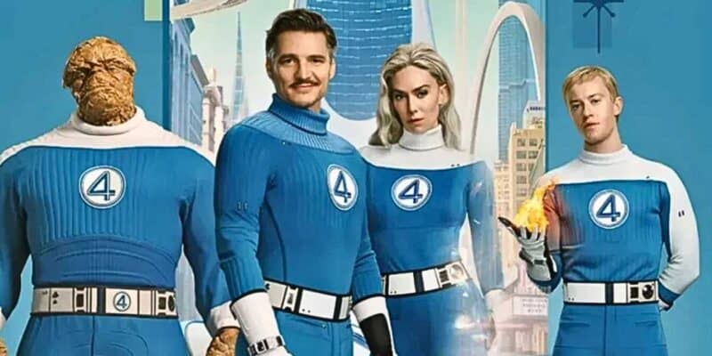 L-R: Thing (Ebon Moss-Bachrach), Mister Fantastic (Pedro Pascal), Invisible Woman (Vanessa Kirby), and Human Torch (Joseph Quinn)