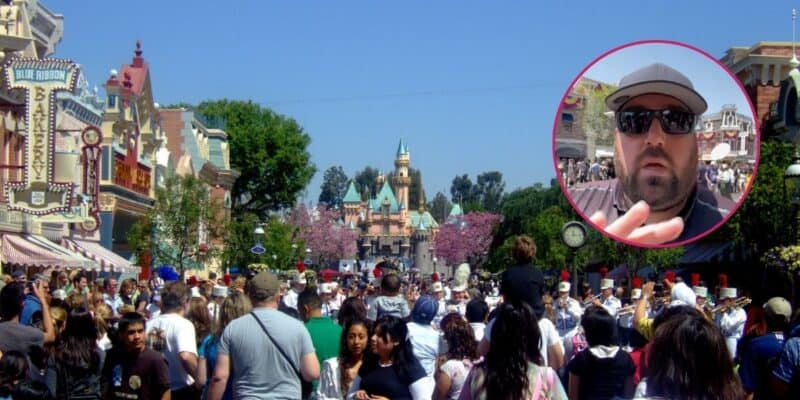 Crowds on Main Street, USA at Disneyland pictured next to a screenshot from a video of a man preventing guests from filming.