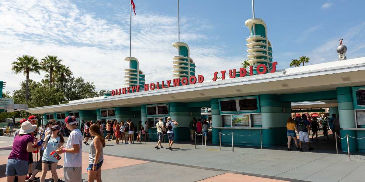Guests outside of Disney's Hollywood Studios entrance at Disney World