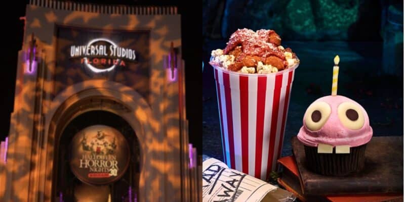 A nighttime view of the Universal Studios Florida entrance lit up for Halloween Horror Nights 2025 is shown on the left; on the right, Craziest Foods like a striped popcorn bucket topped with sauce and a cupcake decorated as a cartoon bunny with a candle are featured.