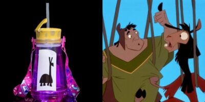 A split image: on the left, a purple Disney Sipper water bottle with a yellow lid, straw, and cartoon llama sticker; on the right, animated characters from "The Emperor’s New Groove" in a comical scene for Disney fans.