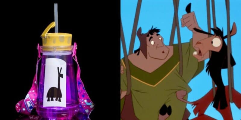 A split image: on the left, a purple Disney Sipper water bottle with a yellow lid, straw, and cartoon llama sticker; on the right, animated characters from "The Emperor’s New Groove" in a comical scene for Disney fans.