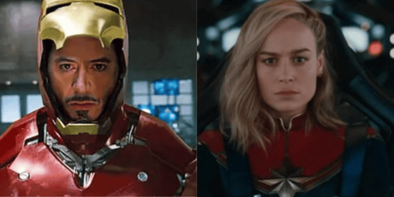 Side-by-side images of Iron Man in his suit with helmet lifted, and Captain Marvel in her suit, both looking serious and focused—two iconic heroes from the MCU.