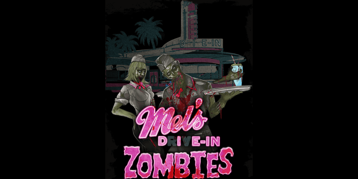 Two zombie diner workers in uniforms stand before a neon-lit 1950s-style drive-in, evoking horror nights. One zombie holds a tray with a burger and drink. The text reads, “Mel’s Dine-In Zombies.”.