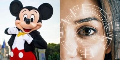 Split image: On the left, a person in a Mickey Mouse costume poses at Disney World; on the right, a close-up of a human eye with digital graphics overlaying it, hinting at advanced facial scanning technology.