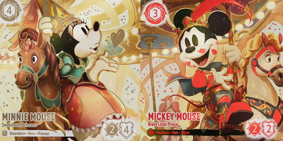 Illustration of Minnie Mouse as a princess on a carousel horse and Mickey Mouse as a prince with a sword, also on a horse, celebrating their second anniversary. Decorative fantasy background with playful, vibrant colors.