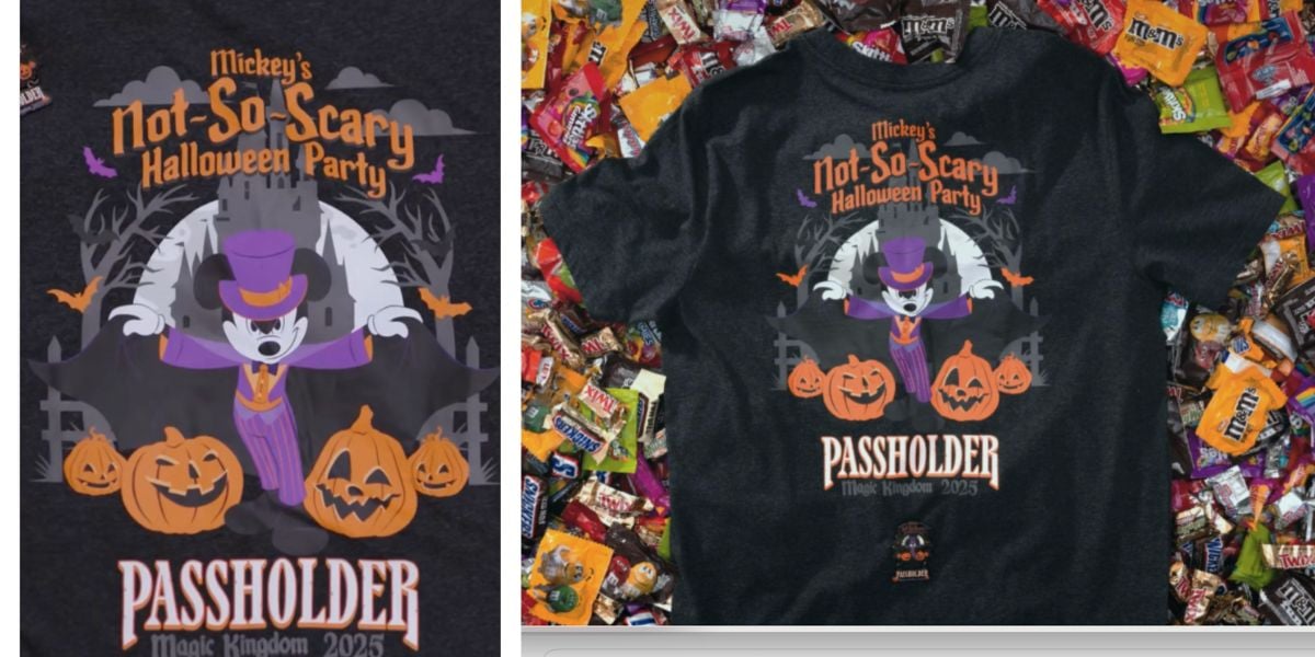 A black T-shirt on Halloween candy features Mickey Mouse in a purple vampire costume, two jack-o’-lanterns, and a spooky castle at Disney World. Text reads “Mickey’s Not-So-Scary Halloween Party, Passholder, Magic Kingdom 2023.”.