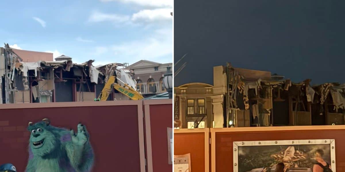 Two side-by-side photos show a partially demolished building behind a construction fence, with the left image taken during the day (featuring a Sulley illustration) and the right at night—reflecting changes as Disney gets rid of Muppets.