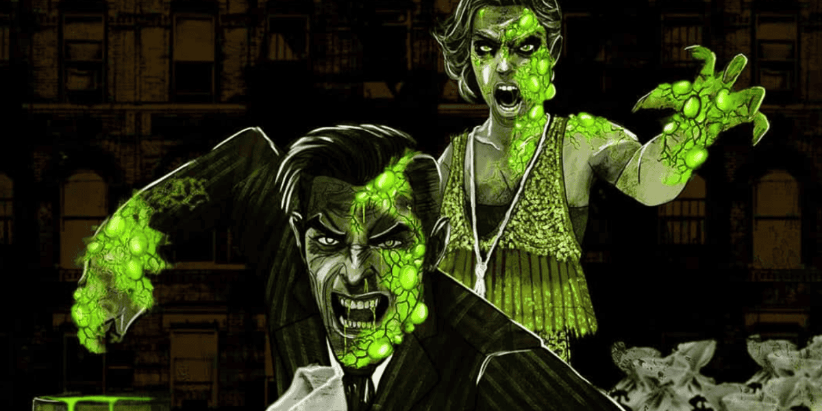 Two zombie-like figures with glowing green sores and claws snarl menacingly; one in a suit lunges forward while the other in a dress reaches out, both set against a dark, shadowy urban backdrop perfect for horror nights.