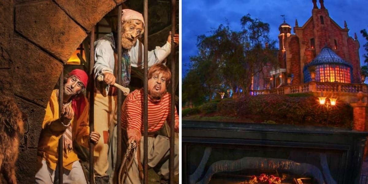 Pirates of the Caribbean (left) and Haunted Mansion (right) at Magic Kingdom