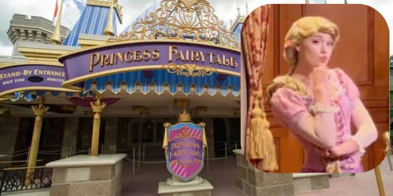 Entrance to Princess Fairytale Hall at Magic Kingdom, adorned with royal decorations and a large sign, plus an inset of a woman dressed as a princess in pink, playfully holding a finger to her lips.