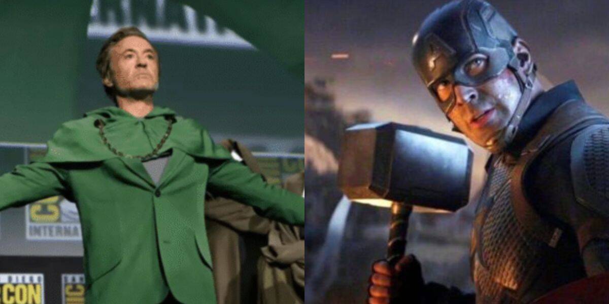 Split image: On the left, a man in a green suit with arms outstretched stands on stage. On the right, an MCU superhero in a helmet wields a large hammer, looking determined in a dramatic Avengers: Endgame scene.