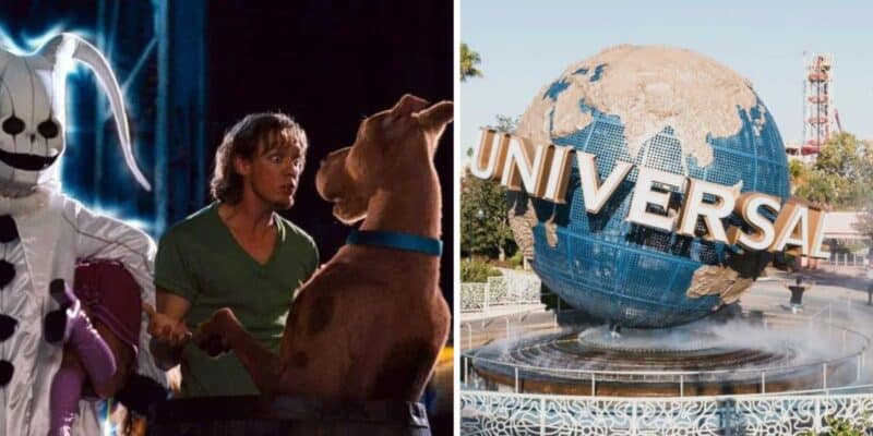Split image, one showing Scooby-Doo and Shaggy (left), while another showing the Universal Orlando Resort globe (right).