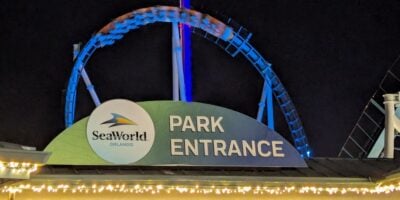 SeaWorld Orlando park entrance sign lit up at night with a roller coaster speeding in a blue loop above the entrance.