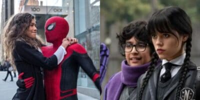 The image is split in two: on the left, a woman smiles while holding Spider-Man's neck, adding an MCU twist; on the right, two girls in school uniforms—one resembling Jenna Ortega's Wednesday—stand outside, one with braided hair and a serious expression.