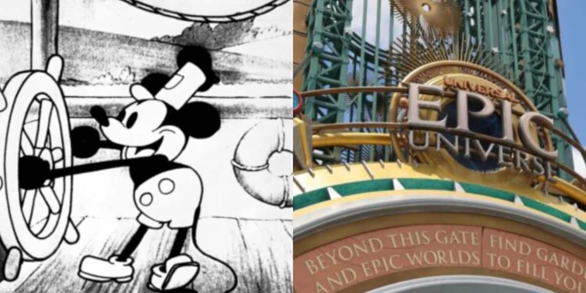 A split image: on the left, black-and-white Mickey Mouse steers a ship wheel at Disney World; on the right, a colorful entrance archway with "EPIC UNIVERSE" and decorative golden details.