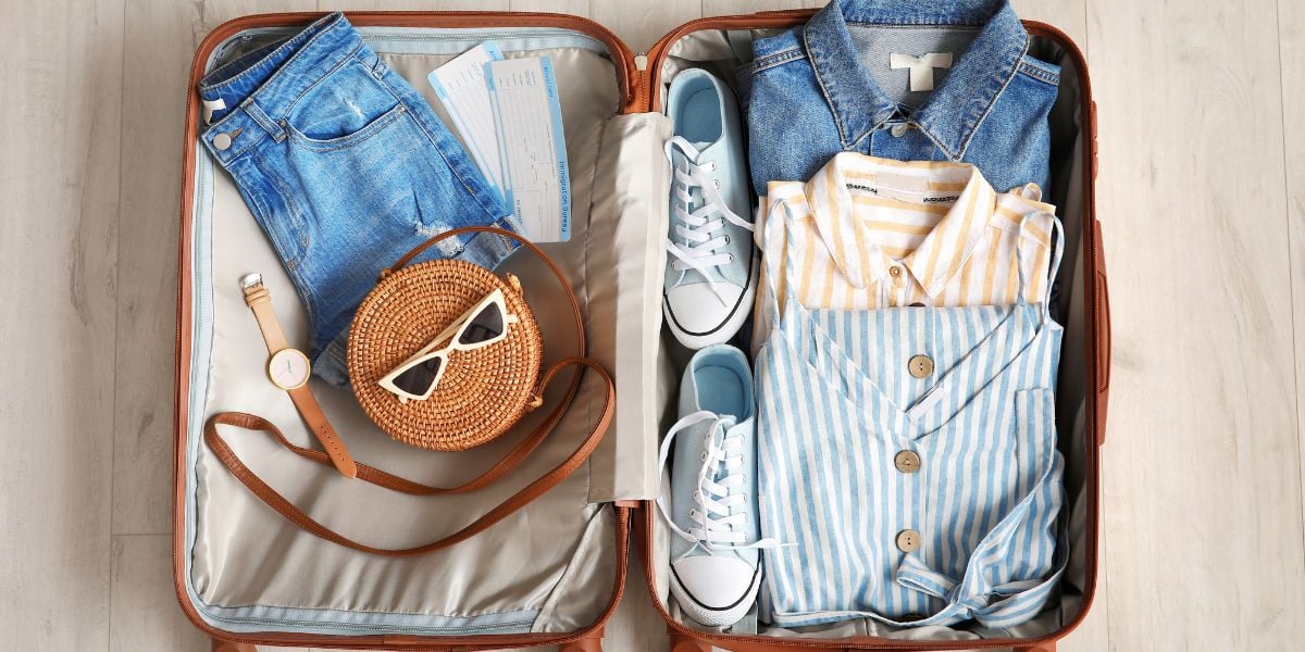 An open suitcase on the floor contains neatly packed clothes, sneakers, denim jeans, a striped shirt, a denim jacket, a round woven bag, sunglasses, a watch, and travel documents—ready for an escape to a wilderness lodge.