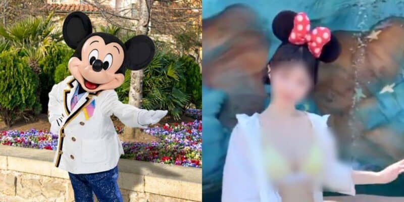 On the left, a person in a Mickey Mouse costume poses outdoors like at a Disney Park. On the right, amid playful chaos, a woman in a bikini with Minnie Mouse ears and a red bow stands before a blue background; her face is blurred.