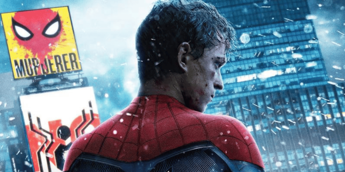 A weary Spider-Man, suit torn and face bloodied, stands in the snow at night. Behind Spider-Man, a digital billboard shows his mask with "MURDERER" in red text above a cityscape of tall buildings.