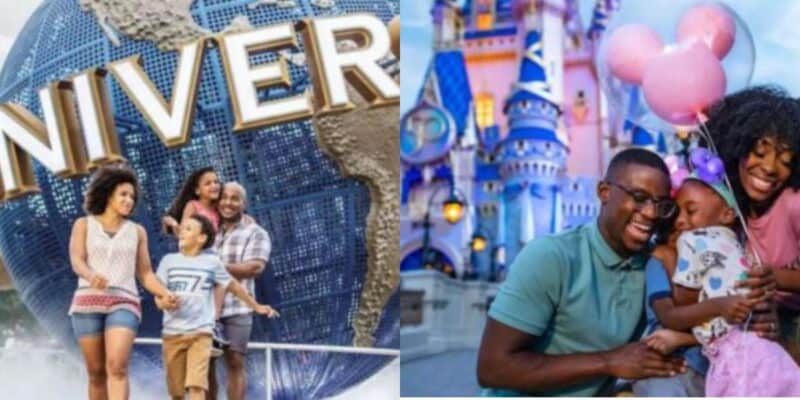 Two images side by side: On the left, a smiling family poses in front of the Universal globe. On the right, happy disney fans sit before a Disney castle, holding pink Mickey Mouse balloons.