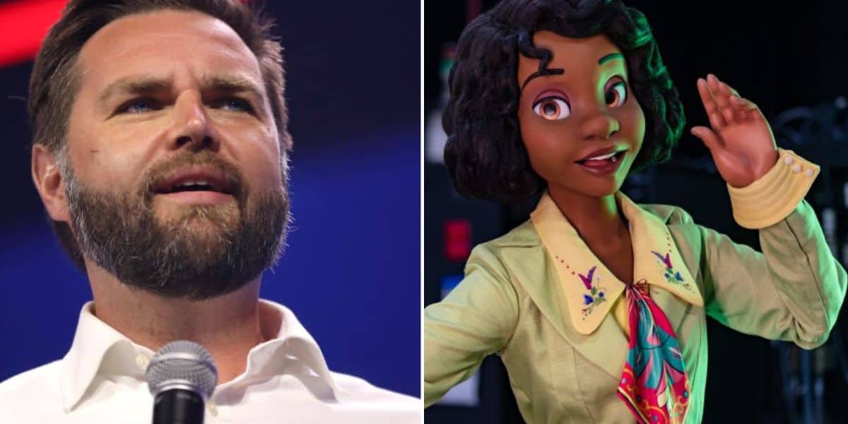 A split image: on the left, J.D. Vance in a suit speaks into a microphone; on the right, an animated character with dark curly hair and a green jacket waves and smiles like they're on a Disney World Ride.