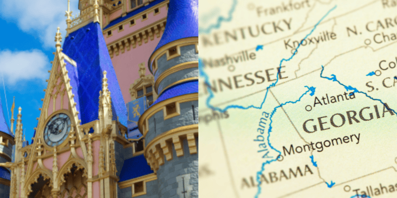Left: Close-up of Cinderella Castle's turret at Disney World with gold, blue, and pink details. Right: A map highlighting Georgia and surrounding states in the southeastern United States—a major move for travelers.