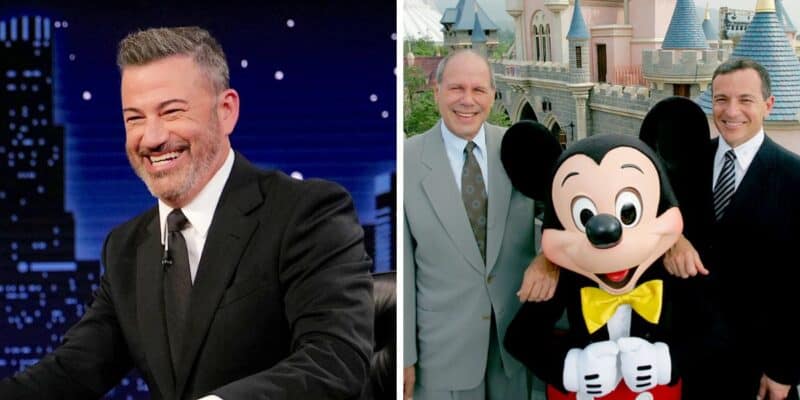 (Left) Jimmy Kimmel, (Right) Michael Eisner and Bob Iger pose with Mickey Mouse