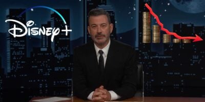 Jimmy Kimmel with a Disney+ logo on one side and a dropping arrow on the right