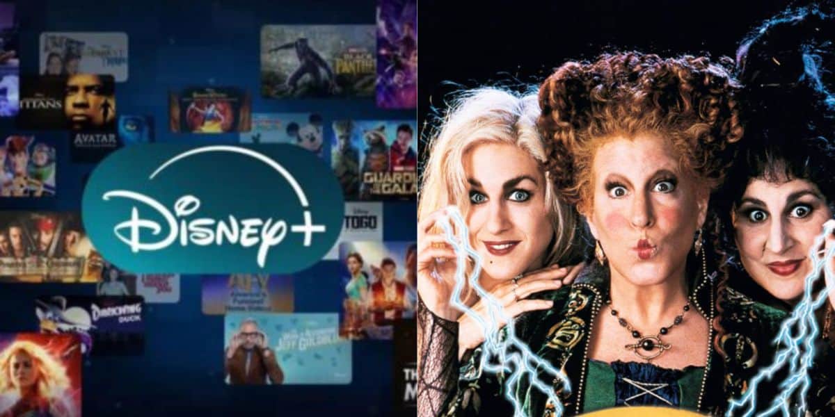 Split image: Left side shows the Disney+ logo with various movie and show thumbnails in the background. Right side features three women in elaborate costumes, posing as witches from "Hocus Pocus," a classic Halloween movie streaming on Disney+ in 2025.