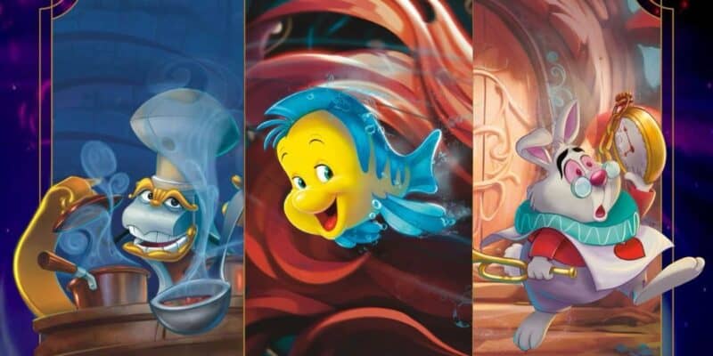 Three animated characters: on the left, a blue chef fish stirring soup; in the center, a smiling yellow and blue fish underwater; on the right, a surprised white rabbit in a red vest—each drawn with Disney Lorcana Artist flair.