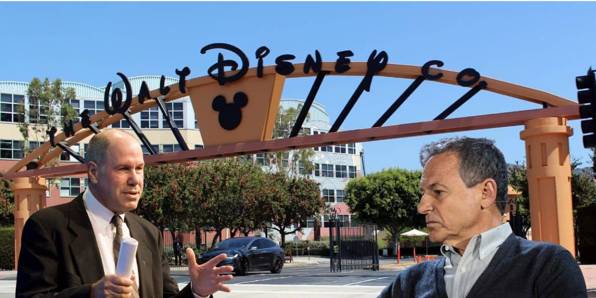 Michael Eisner and Bob Iger in front of Walt Disney Studios lot in Burbank