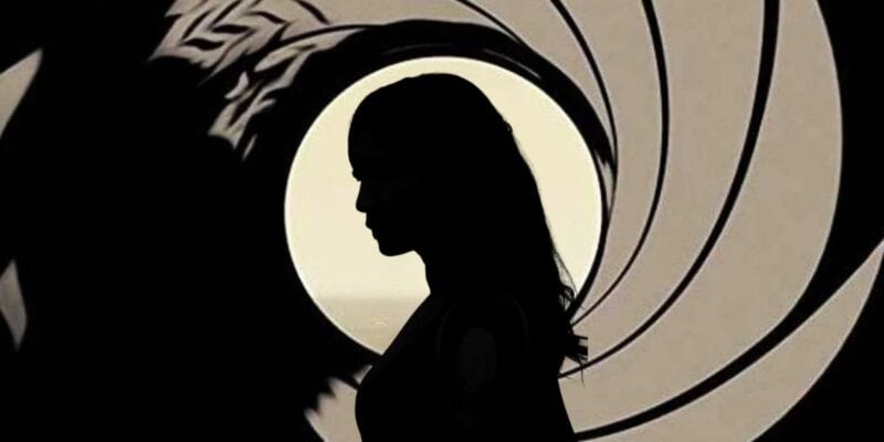 Mixed image: A silhouette of Gemma Chan from 'Eternals' in the foreground and the James Bond logo behind her