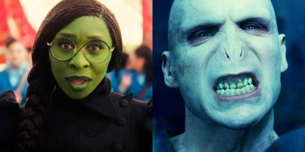 Split image: Left, Cynthia Erivo in 'Wicked', Right - Ralph Fiennes as Voldemort