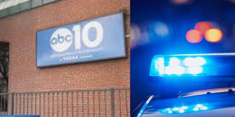 A split image showing the abc10 news station sign on a brick building on the left, and flashing blue police lights in focus on the right.