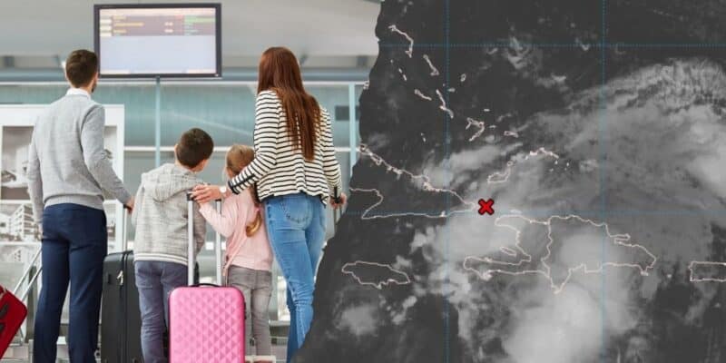 A family with luggage watches an airport departure screen, while a weather map highlights a developing situation with a red X over the Caribbean—potentially affecting guests on Disney vacations.