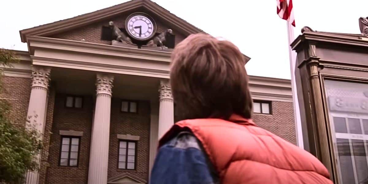 Marty McFly (Michael J. Fox) looking up at the watch tower in 'Back to the Future' (1985)