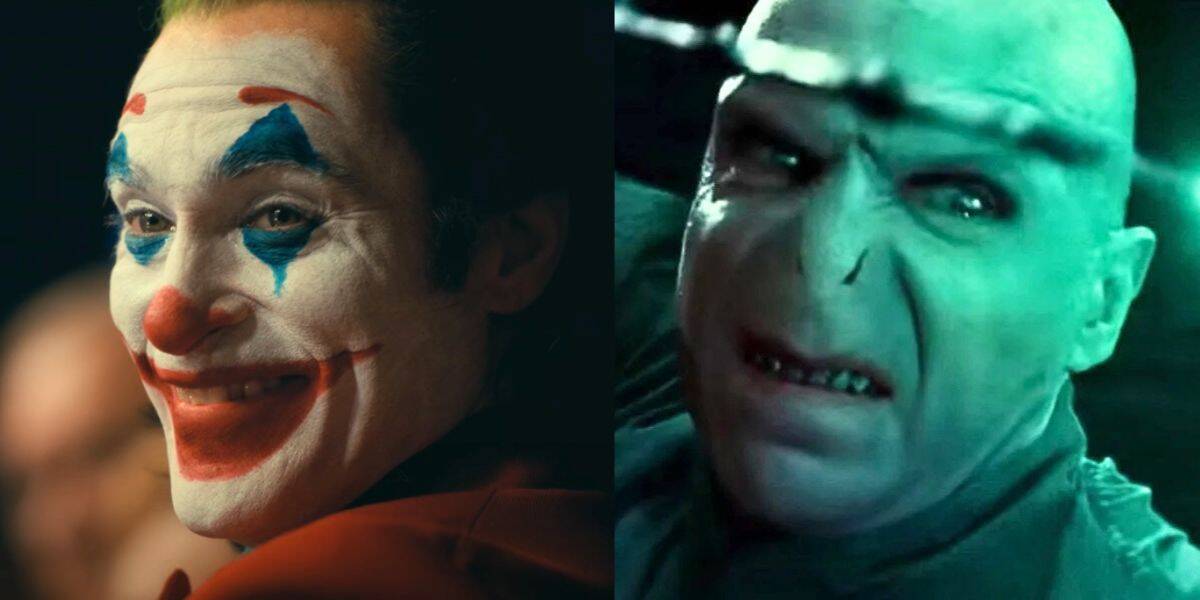 Split image: On the left, Joaquin Phoenix as Joker. On the right, Ralph Fiennes as Voldemort
