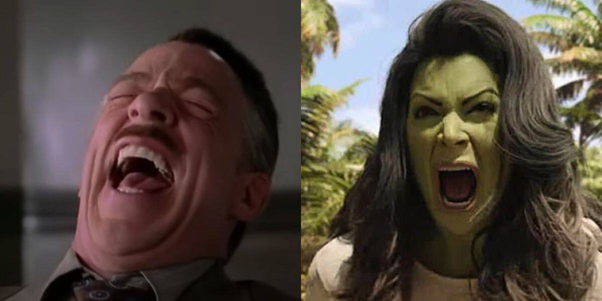 Split image: On the left, J Jonah Jameson (JK Simmons) laughing, on the left, She-Hulk (Tatiana Maslany) screaming