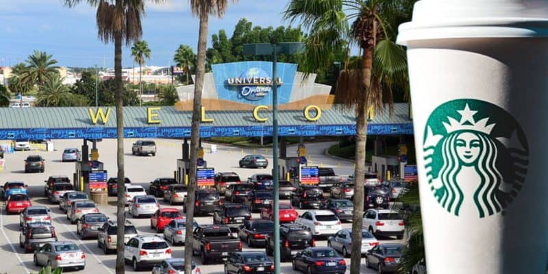 A busy parking entrance at Universal Orlando Resort with many cars lined up; a large Starbucks coffee cup is superimposed on the right side of the image.
