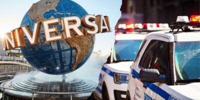 A split image shows the Universal Studios globe sculpture on the left and several police cars with flashing lights on the right.