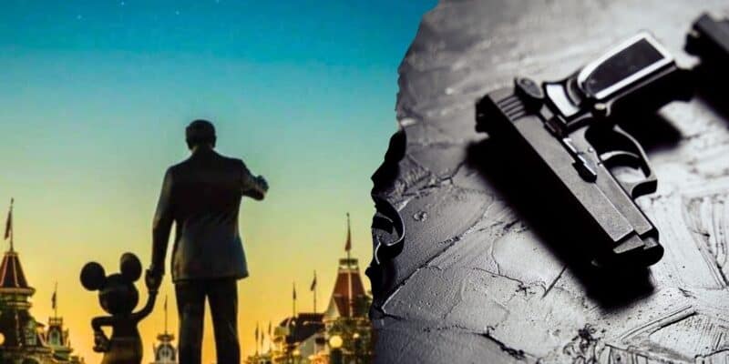 A split image: on the left, a statue of Walt Disney and Mickey Mouse facing Disney World; on the right, a close-up of a handgun on a dark, textured surface.
