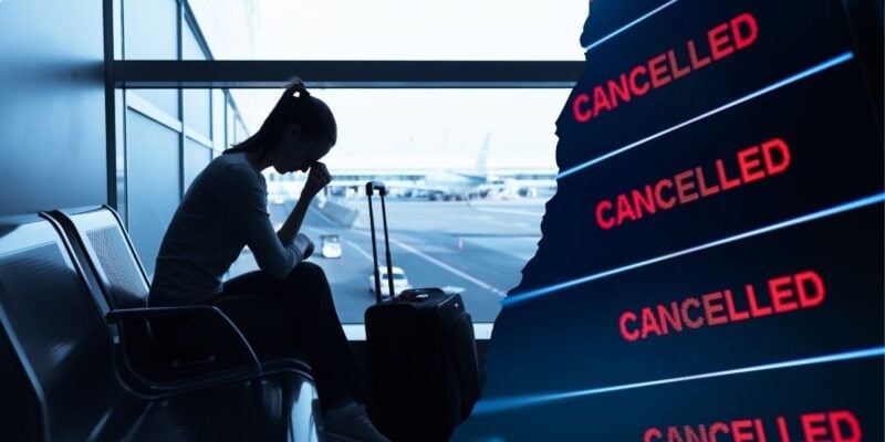 A woman sits with her head in her hand and luggage by her side at an airport gate; next to her is a digital board repeatedly displaying "CANCELLED" in red letters as hundreds of Disney trips were canceled.